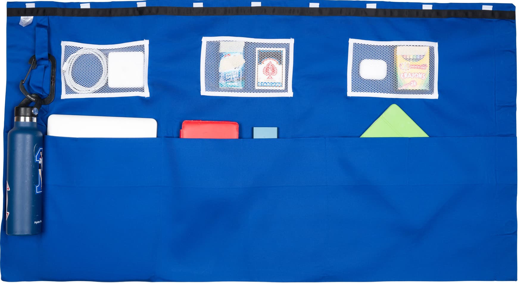 Premium navy rack curtains with mesh storage pockets